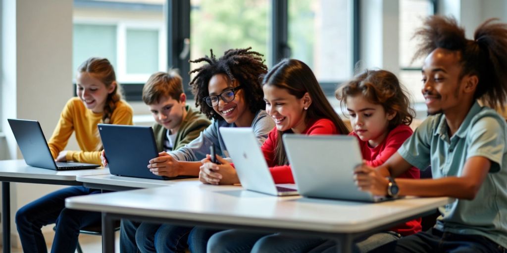 Estudantes diversos aprendendo com laptops e tablets