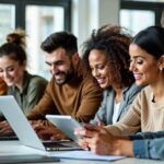 Pessoas estudando online em um ambiente moderno.