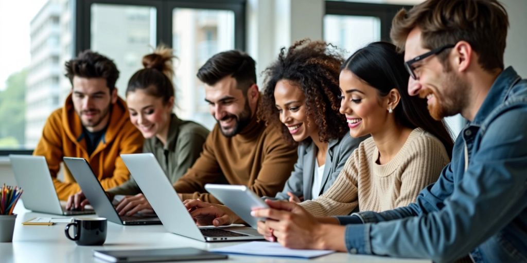 Pessoas estudando online em um ambiente moderno.