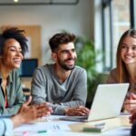 Grupo diverso de jovens aprendizes sorrindo e colaborando.