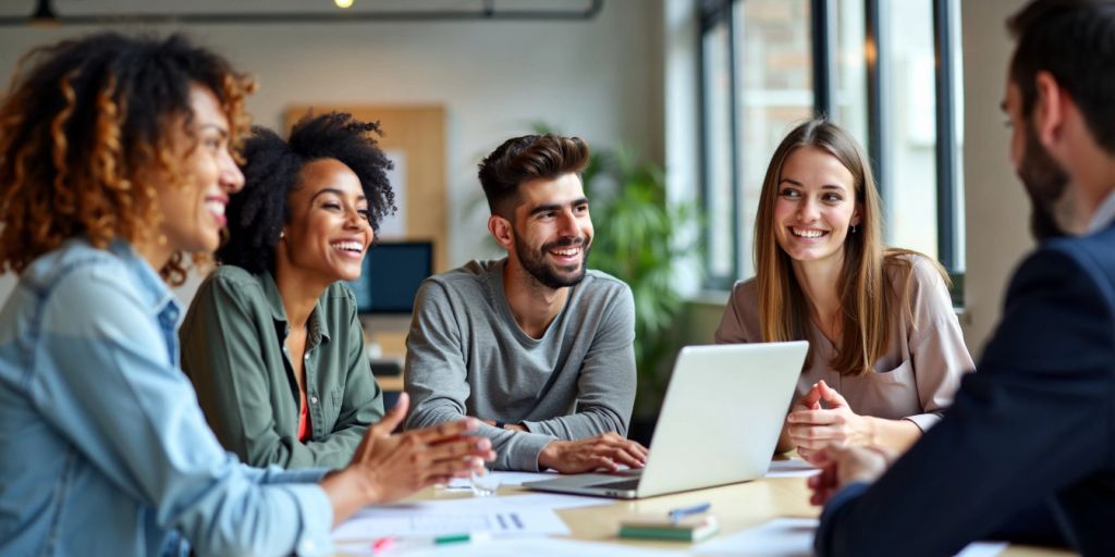 Grupo diverso de jovens aprendizes sorrindo e colaborando.