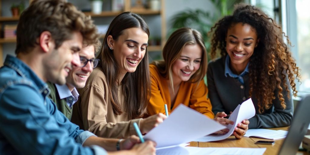 Grupo diverso de jovens aprendizes em ambiente colaborativo.