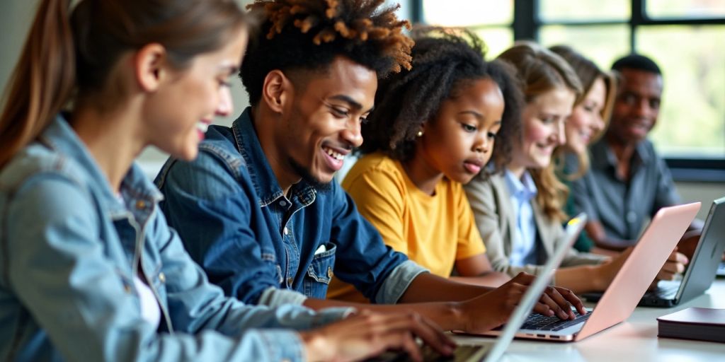 Pessoas diversas estudando online em dispositivos eletrônicos.