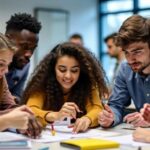 Estudantes diversos em atividades práticas na sala de aula.