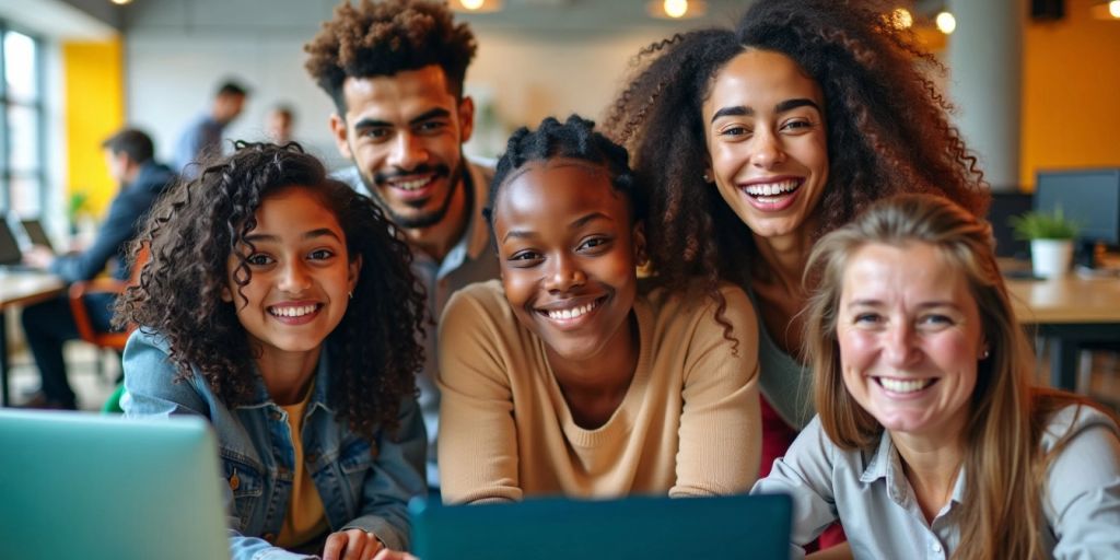 Grupo diverso de jovens sorrindo e colaborando.