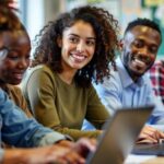 Jovens aprendendo habilidades digitais em sala de aula.