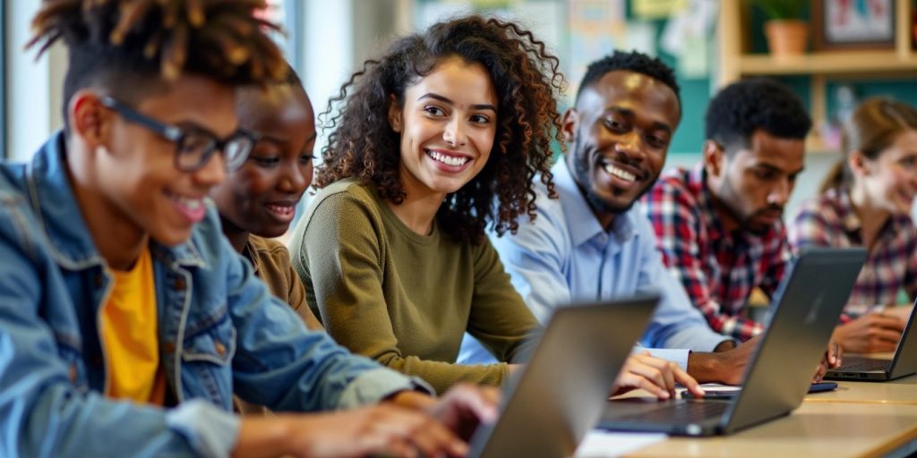 Jovens aprendendo habilidades digitais em sala de aula.