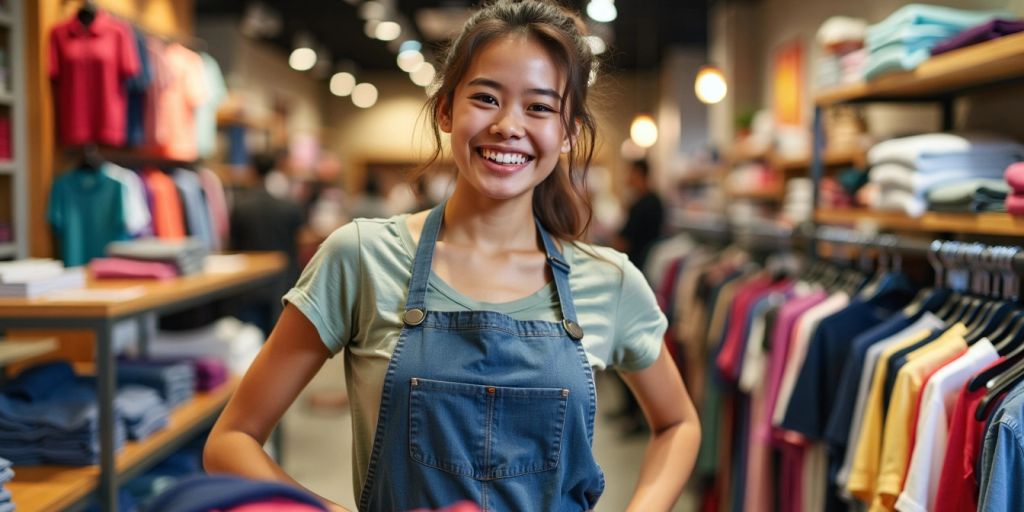 Jovem sorridente trabalhando em loja de roupas.