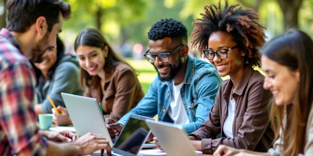 Pessoas usando laptops e tablets em vários lugares.