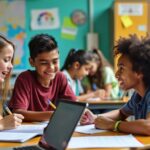 Sala de aula moderna com alunos colaborando.