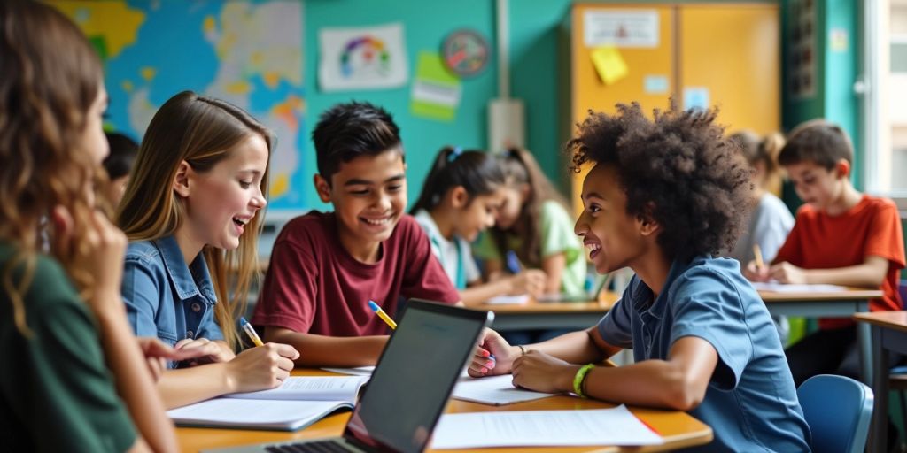 Sala de aula moderna com alunos colaborando.